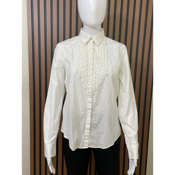 Lauren Ralph Lauren Women's M White Button-Up Cotton Shirt Ruffle Front Wedding - Picture 1 of 9